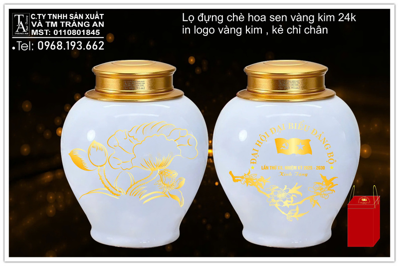 Lọ đựng chè hoa sen vàng kim 24K - Quà Tặng Gốm Sứ Tràng An - Công Ty TNHH Sản Xuất Và TM Tràng An